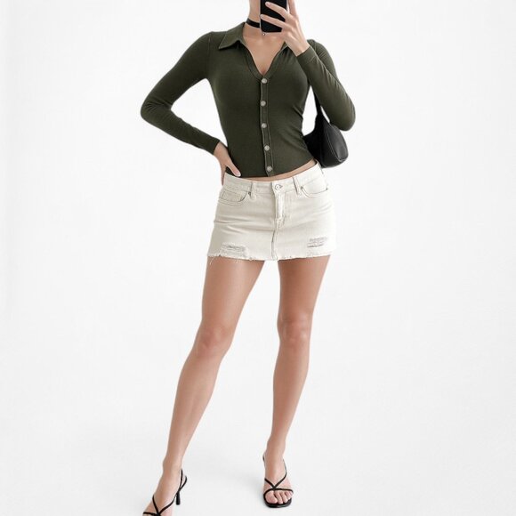 Fashion Nova Camo Green Knit Button Down Front 3/4 Sleeve Top Size M/L - Picture 2 of 7